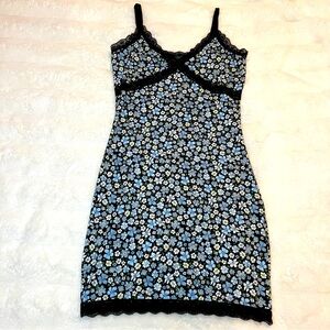 Black & Blue Floral Minidress Short Bodycon Party Dance Dress Lace Slip